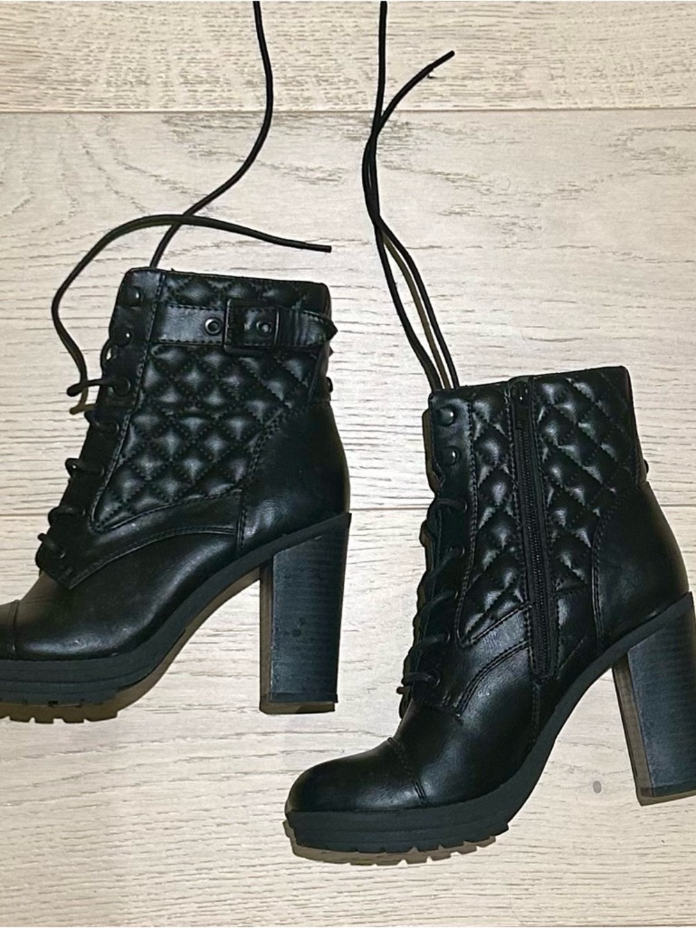 G by Guess Black Quilted Lace-Up Block Heel Ankle Boots